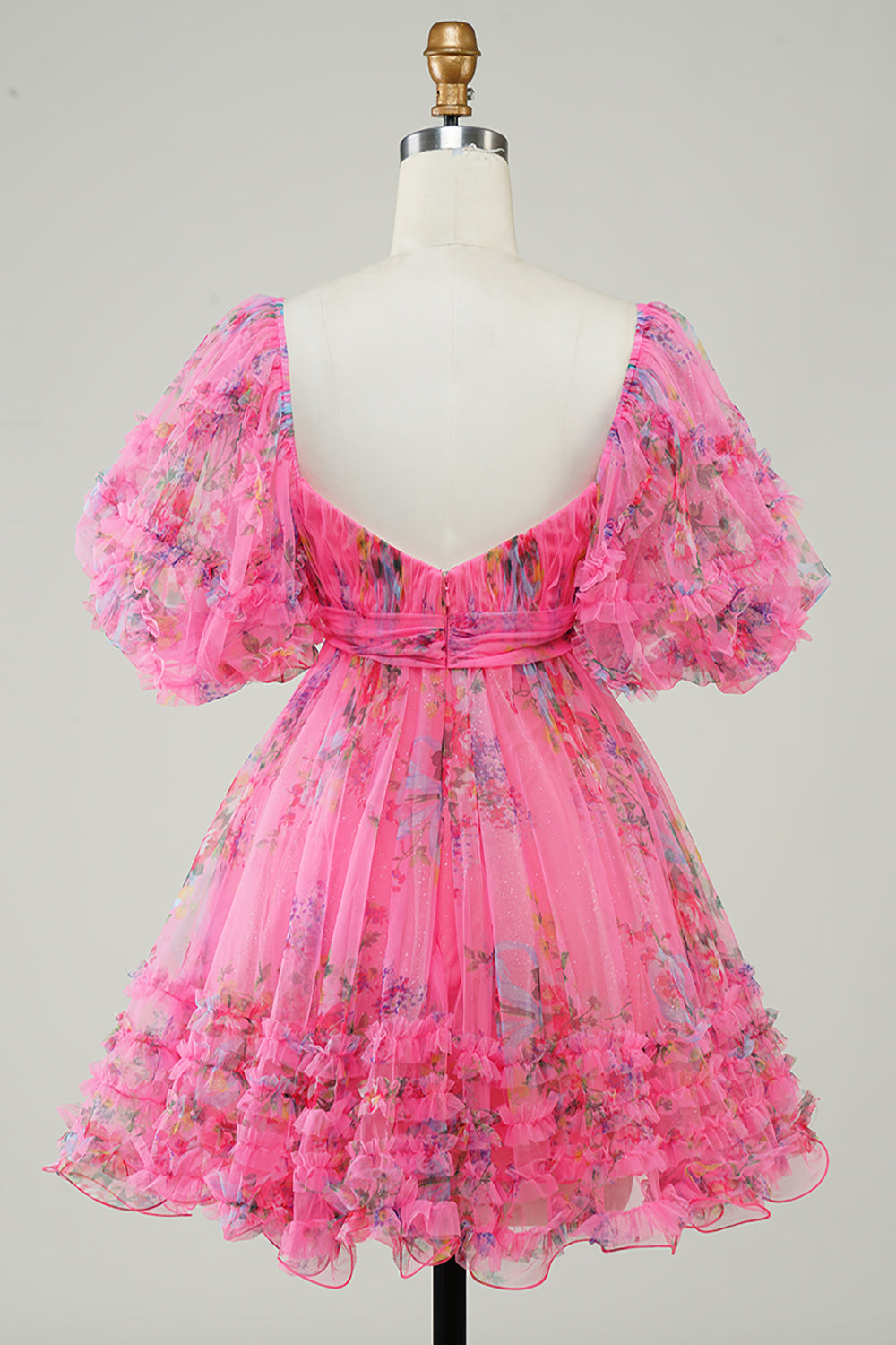 Blue Puff Sleeves A-Line Floral Short Homecoming Dress/Mini Dress with Ruffles