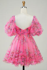 Fuchsia Puff Sleeves A-Line Floral Short Homecoming Dress/Mini Dress with Ruffles