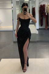 Black Sequined Long Prom Dress with Front Split and Off-the-Shoulder Sheath