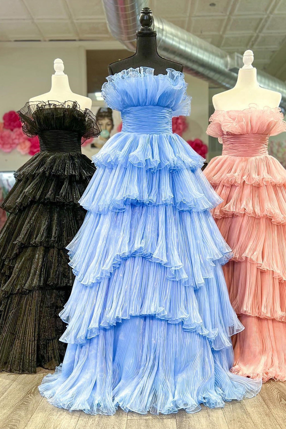 Elegant Blue Strapless A-Line Prom Gown with Ruffled Details