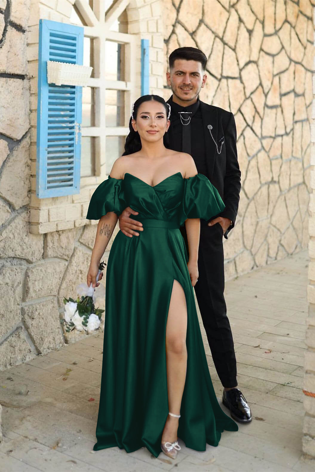 Off-The-Shoulder Dusty Blue Puff Sleeves Evening Dress With Front Split Sweetheart