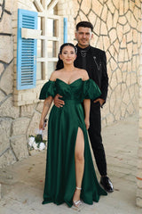 Off-The-Shoulder Dusty Blue Puff Sleeves Evening Dress With Front Split Sweetheart