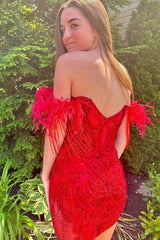 Sparkly Red Lace Corset Fringed Tight Short Homecoming Dress/Mini Dress with Feathers