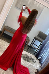 Feathered Long Red Prom Dress