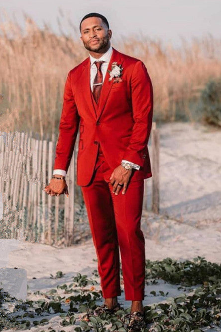 Classic Red Velvet Peaked Lapel Three-Piece Men's Suits for Weddings