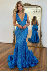 Long Prom Dress with Sparkly Blue Mermaid Cut and Red Sequins in Deep V Neck