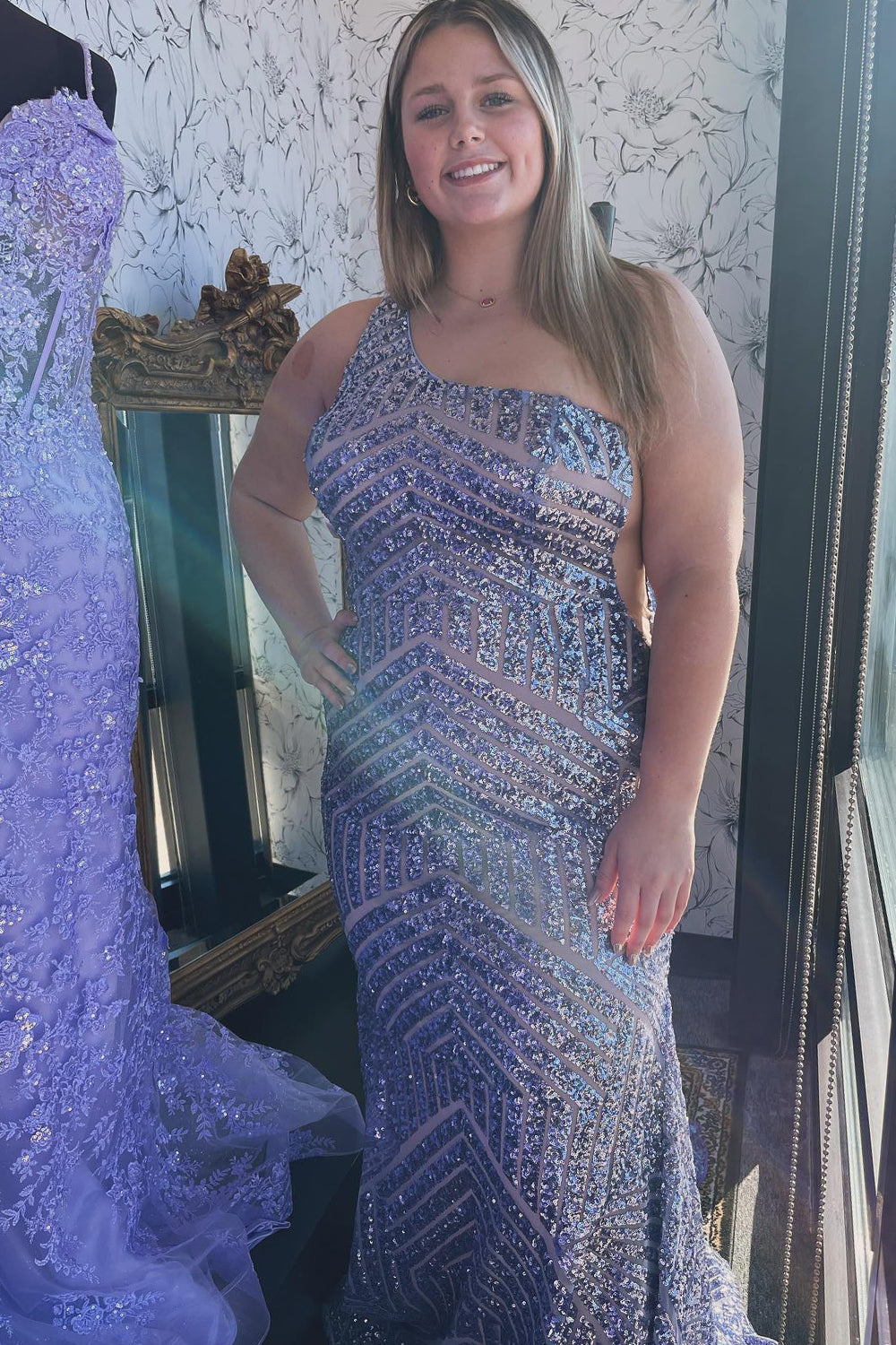 Fuchsia One-Shoulder Long Mermaid Prom Dress with Sparkly Sequins