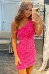 Fuchsia Sequins One Shoulder Homecoming Dress/Mini Dress