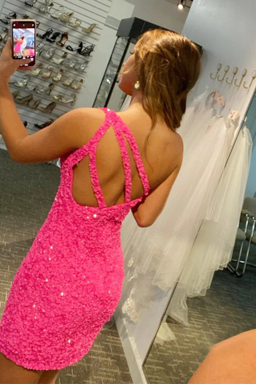 Green Sequins One Shoulder Tight Homecoming Dress/Mini Dress
