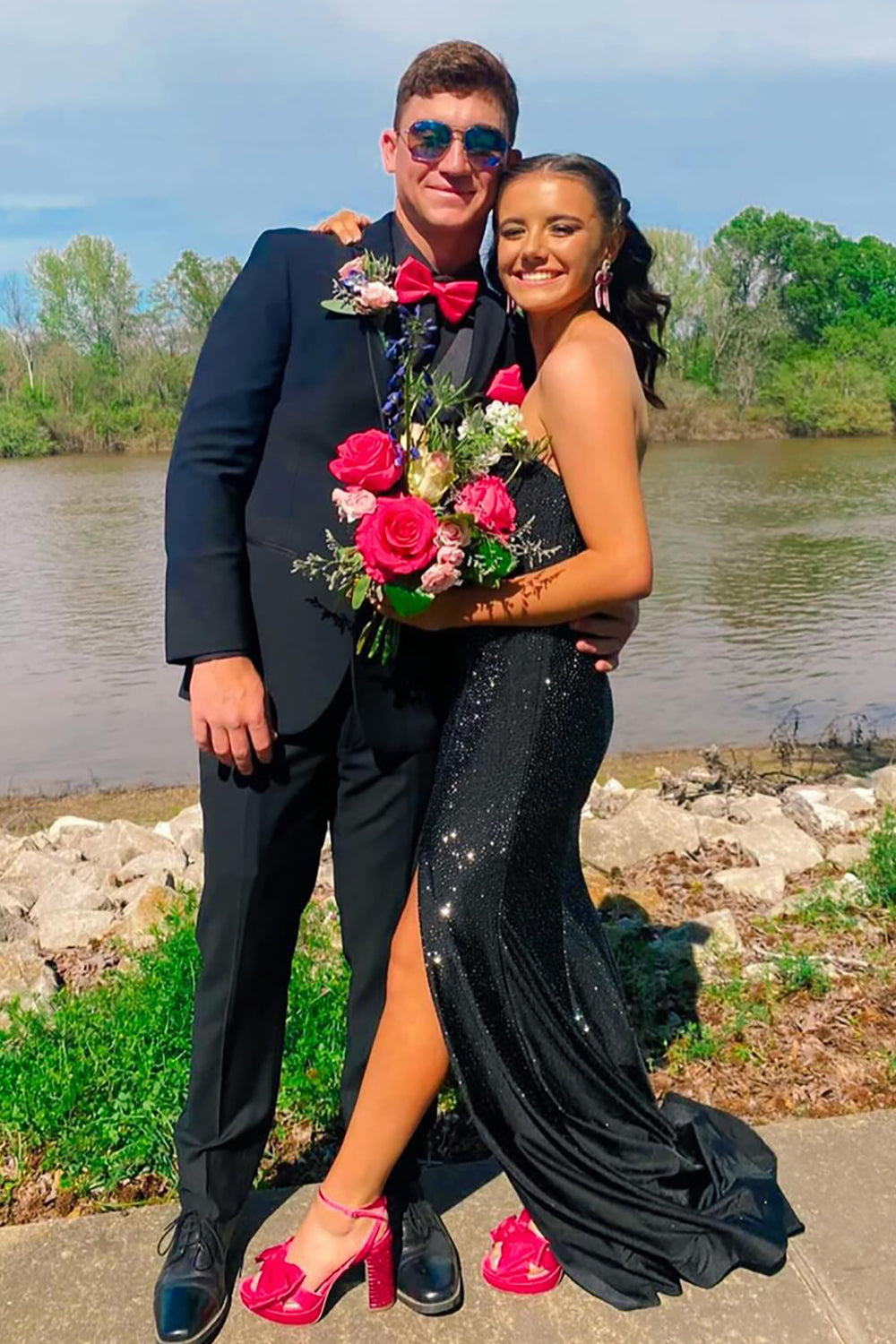 Long Beaded Red Mermaid Prom Dress with Glitter and Strapless Slit Design