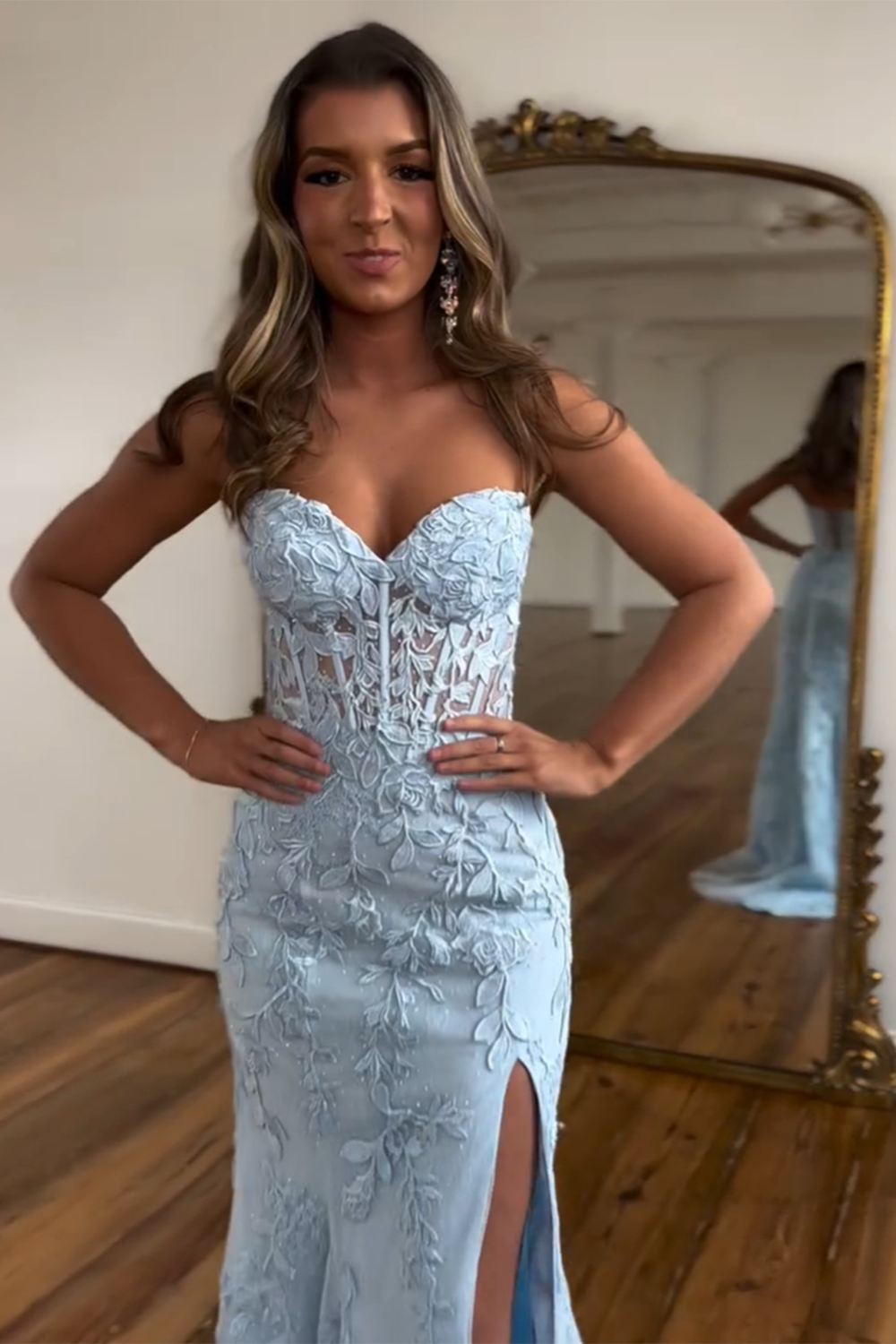 Long Black Sweetheart Corset Prom Dress Featuring Lace and a Slit