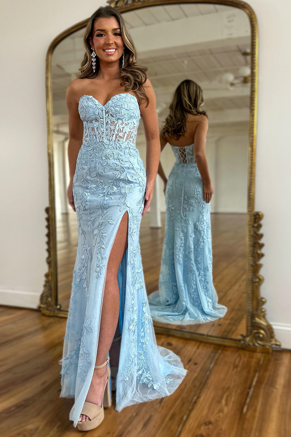 Long Black Sweetheart Corset Prom Dress Featuring Lace and a Slit