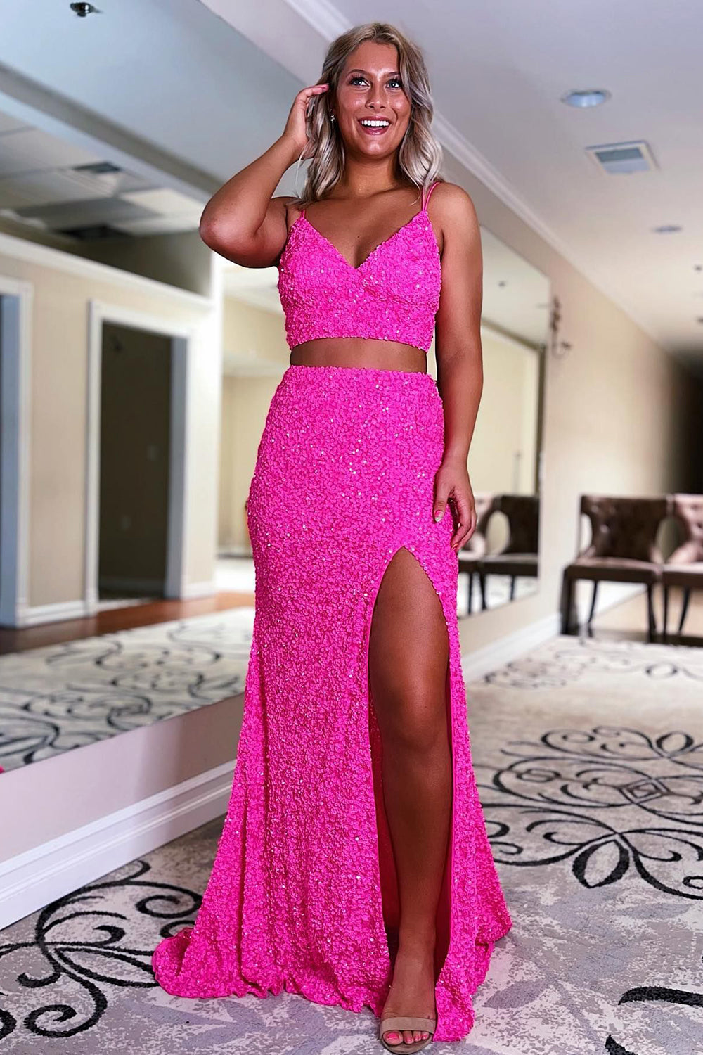 Orange Sequined Two-Piece Mermaid Prom Dress Featuring a Slit
