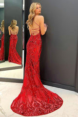 Red Sequined Mermaid Prom Dress with Spaghetti Straps and Sweep Train