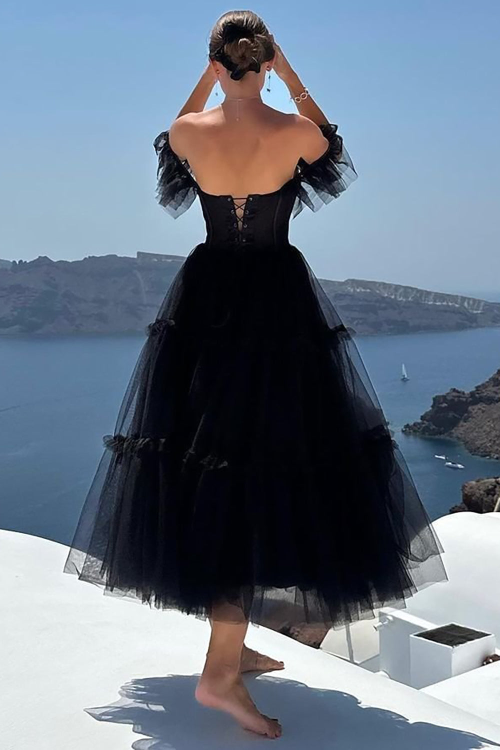 Black A-Line Corset Ruffled Tulle Homecoming Dress/Mini Dress