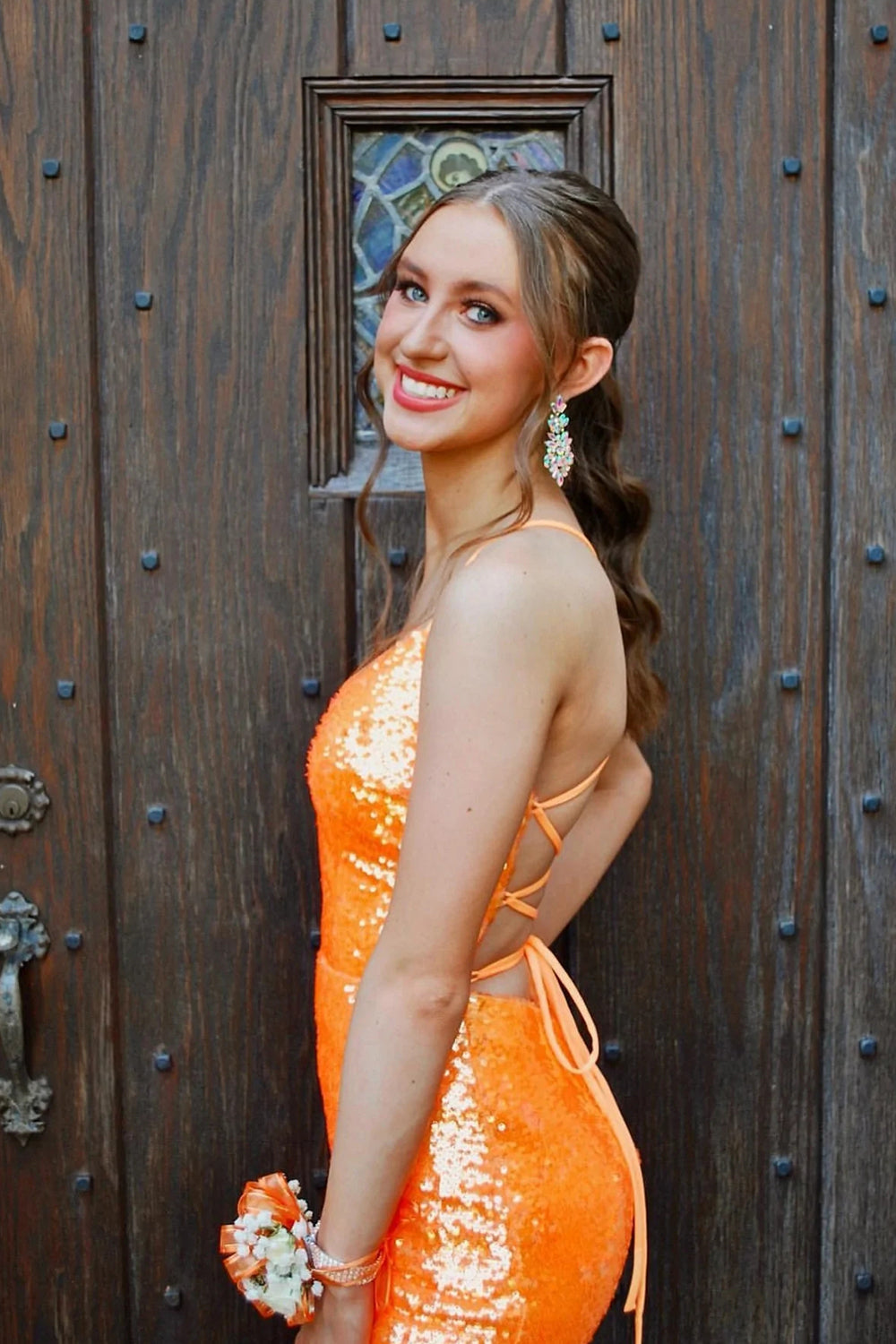 Long Prom Dress with Sparkly Orange Sequins in Mermaid Style