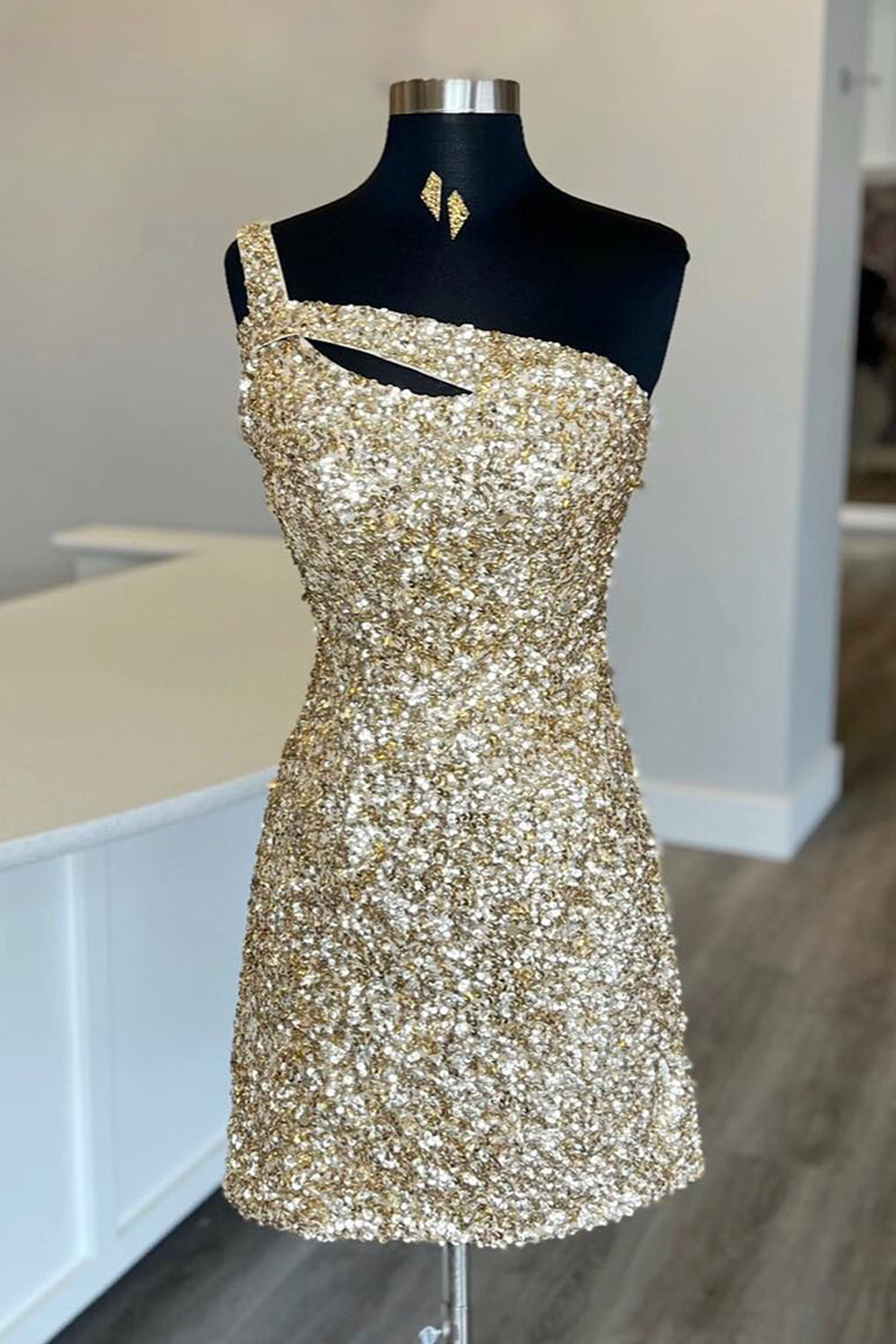 Hot Pink Open Back One Shoulder Tight Sequins Homecoming Dress/Mini Dress