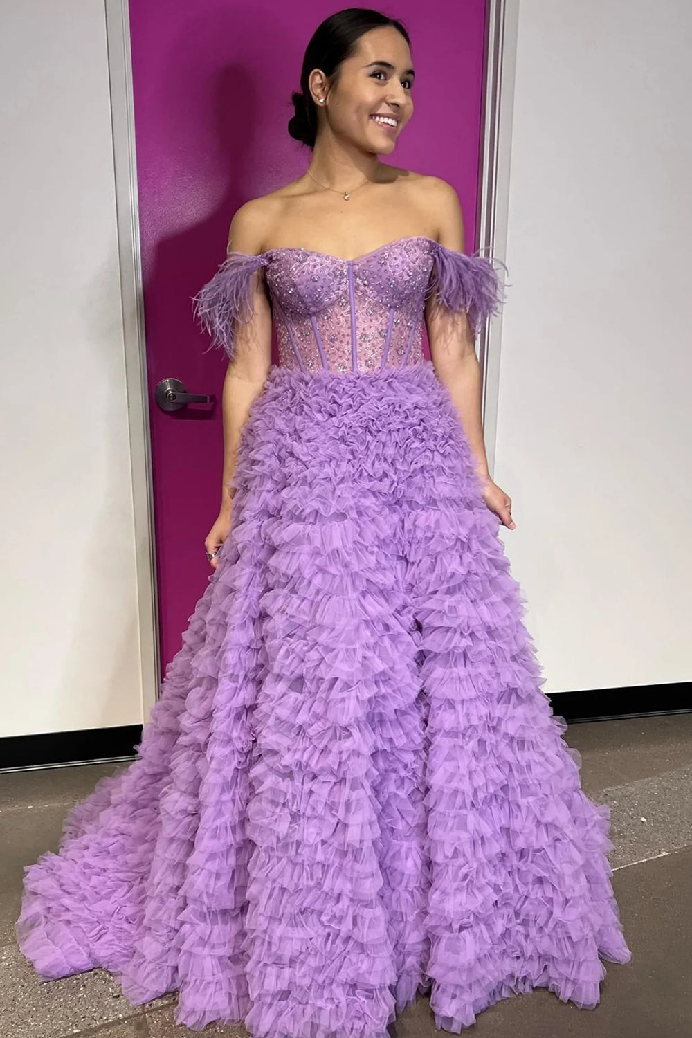 Pink Long Prom Dress with Feathers - Off-the-Shoulder A-Line Princess Style