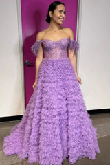 Purple Long A-Line Prom Dress with Feathers for Princess Off-the-Shoulder