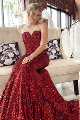 Burgundy Sequined Sweetheart Mermaid Prom Gown with a Sweep Train