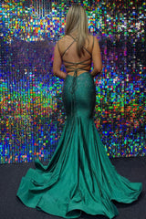 Dark Green Long Prom Dress with Beading and Deep V Neckline