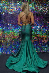Long Dark Green Prom Dress with Beading in a Deep V Neck Sheath Style