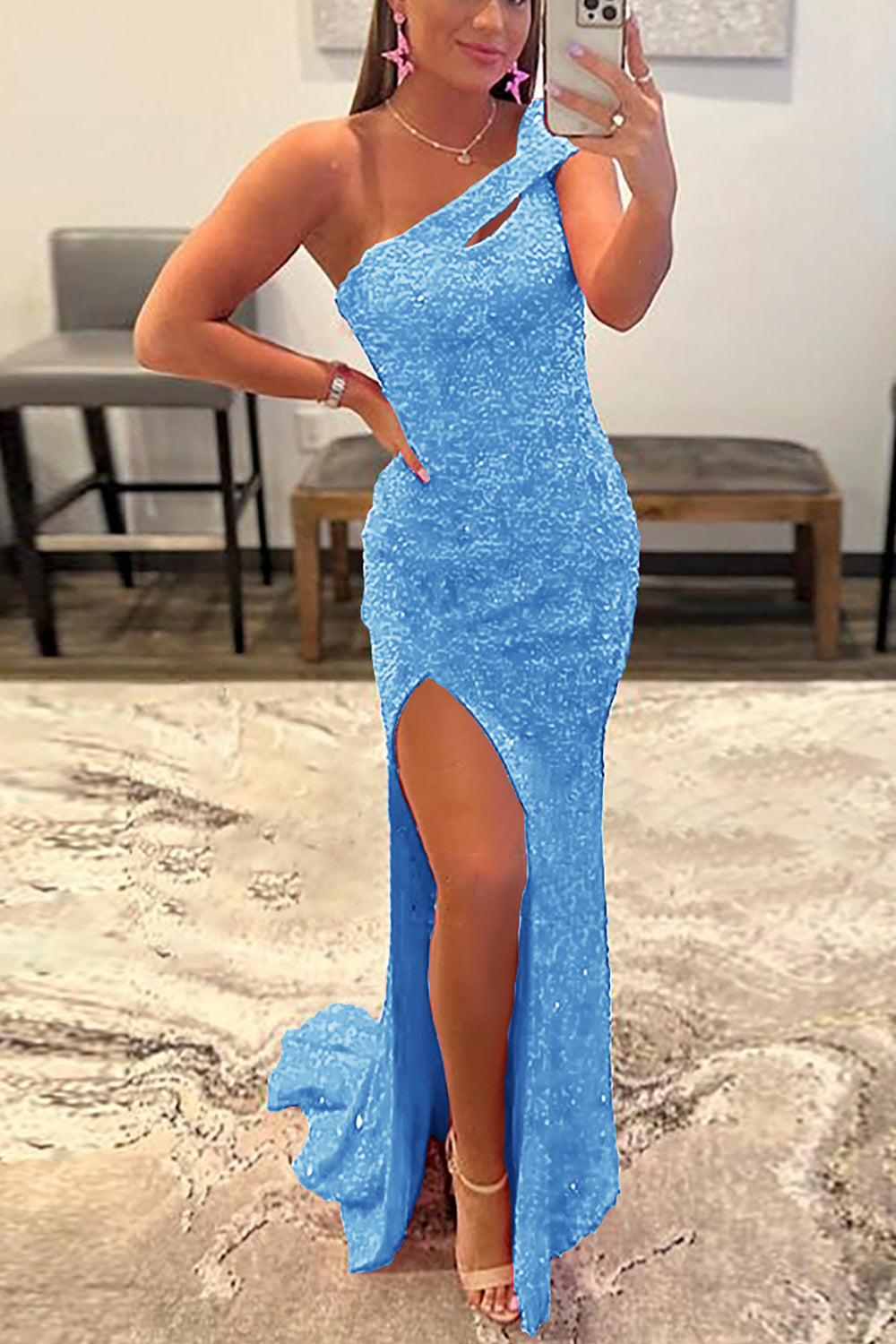 Sequined One-Shoulder Prom Dress in Fuchsia