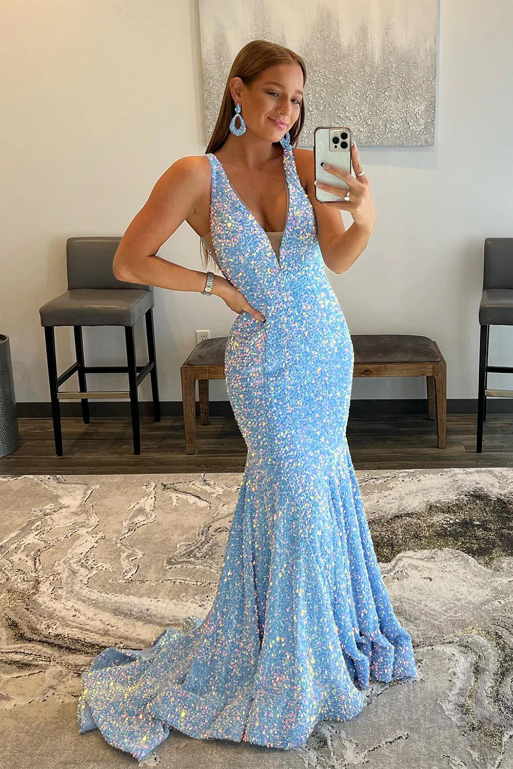 Red Sequined Long Prom Dress with Mermaid Deep V Neckline