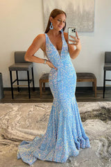 Pink Sequined Long Prom Dress with Mermaid Deep V Neckline