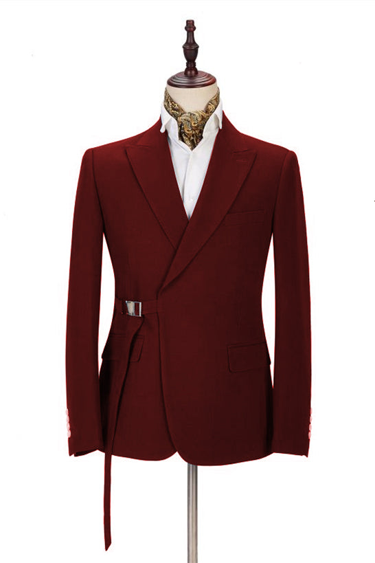 Fashion Two-Piece Burgundy Peak Lapel Prom Suit for Boy with Buckle Button