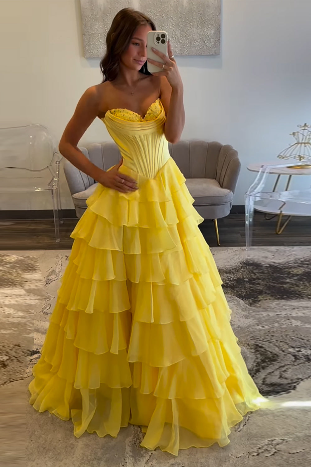 Sweetheart Corset A-Line Prom Dress in Fuchsia with Tiered Chiffon and Slit