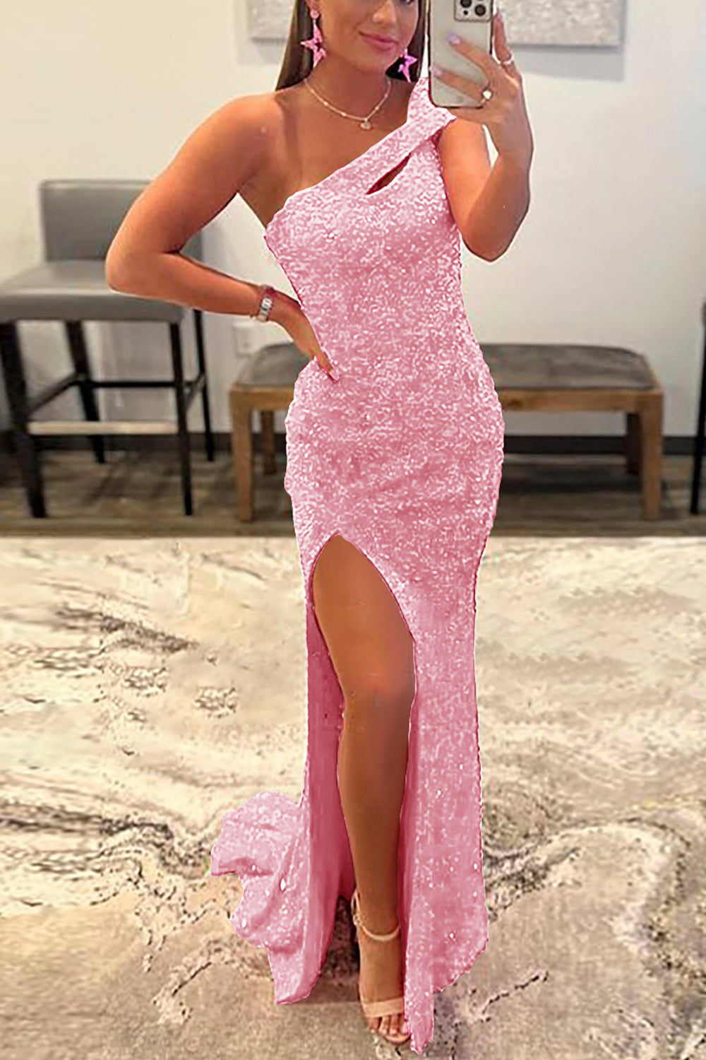 One Shoulder Fuchsia Prom Dress with Sequins