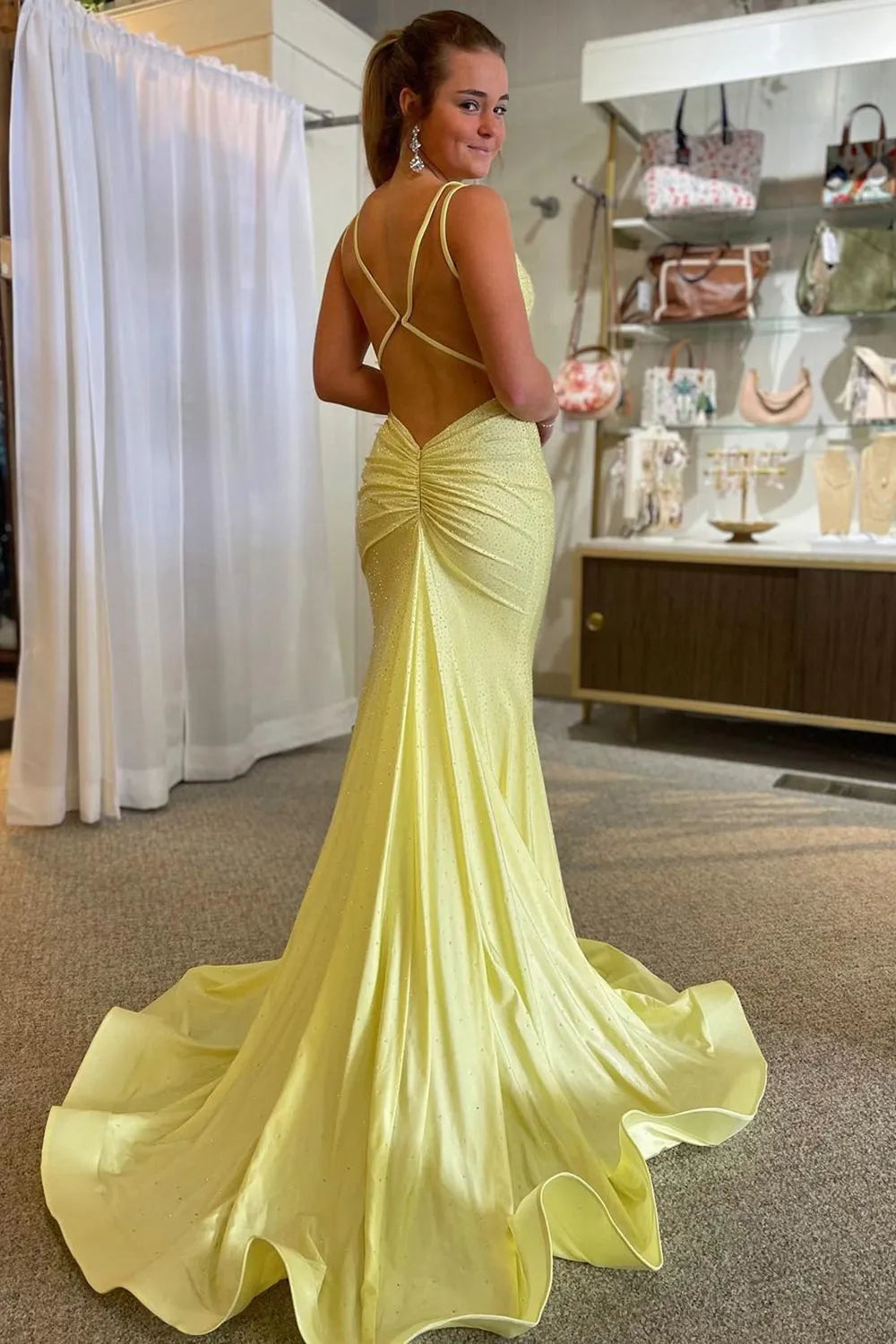 Long White Prom Dress with Sparkly Mermaid Silhouette and Sequined Spaghetti Straps