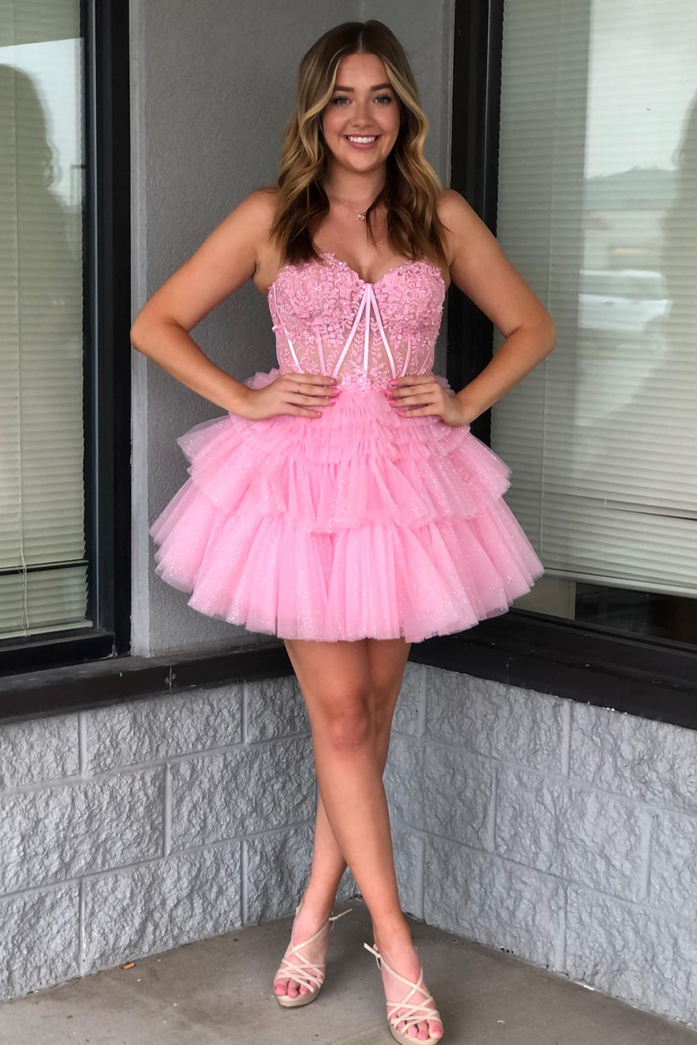 Sparkly Pink Corset Tiered Short A-Line Tulle Homecoming Dress/Mini Dress with Lace