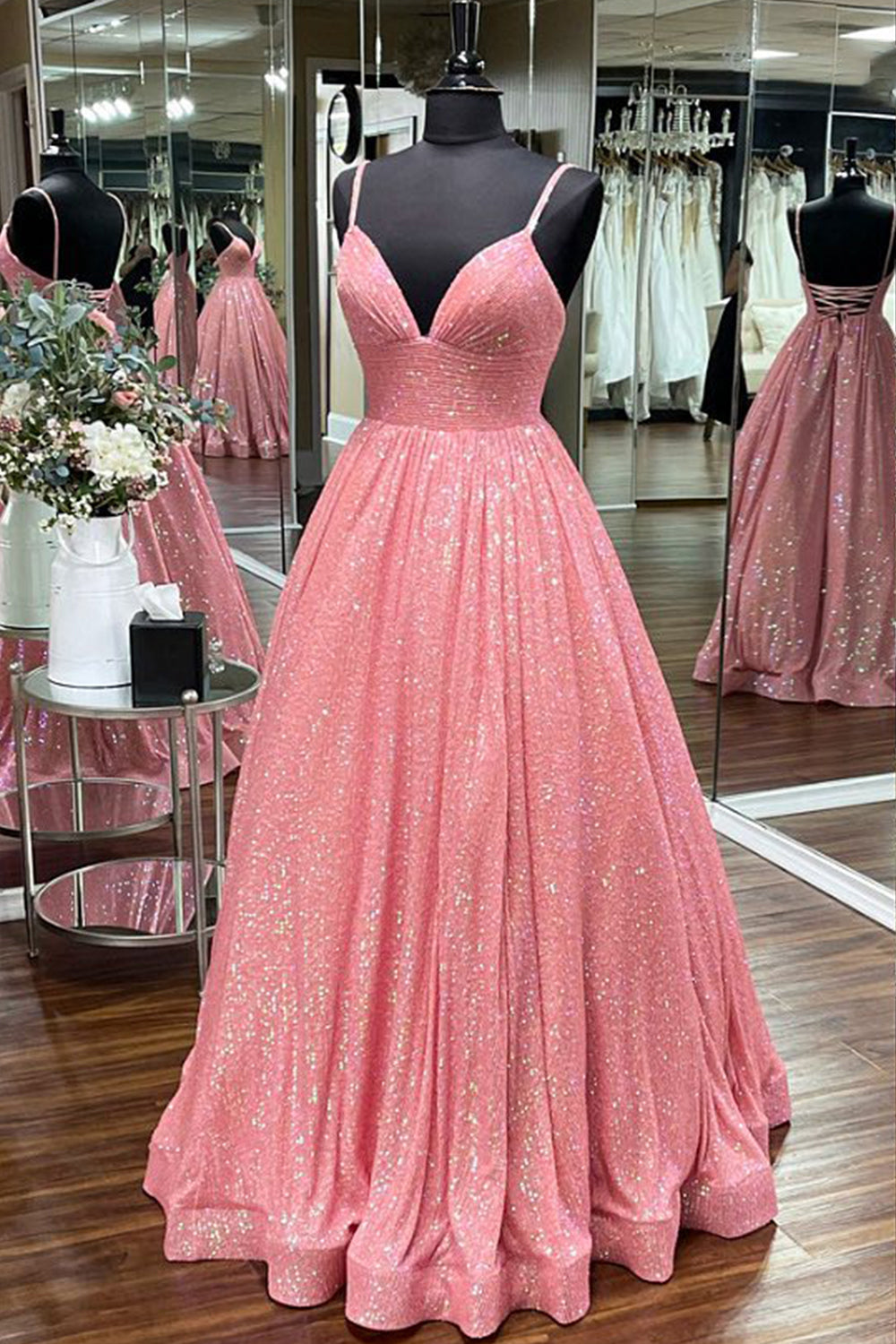 Long A-Line Prom Dress with Fuchsia Sequins and Spaghetti Straps