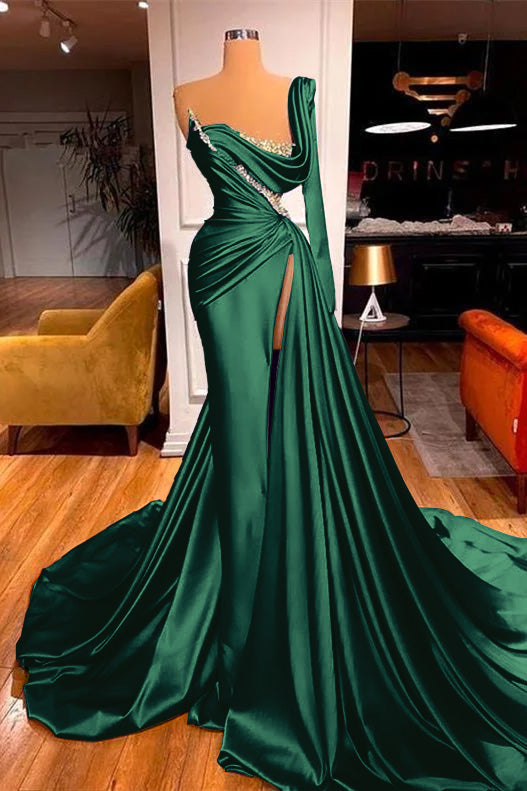 Purple Long Sleeves One-Shoulder Mermaid Beadings Evening Dress Split