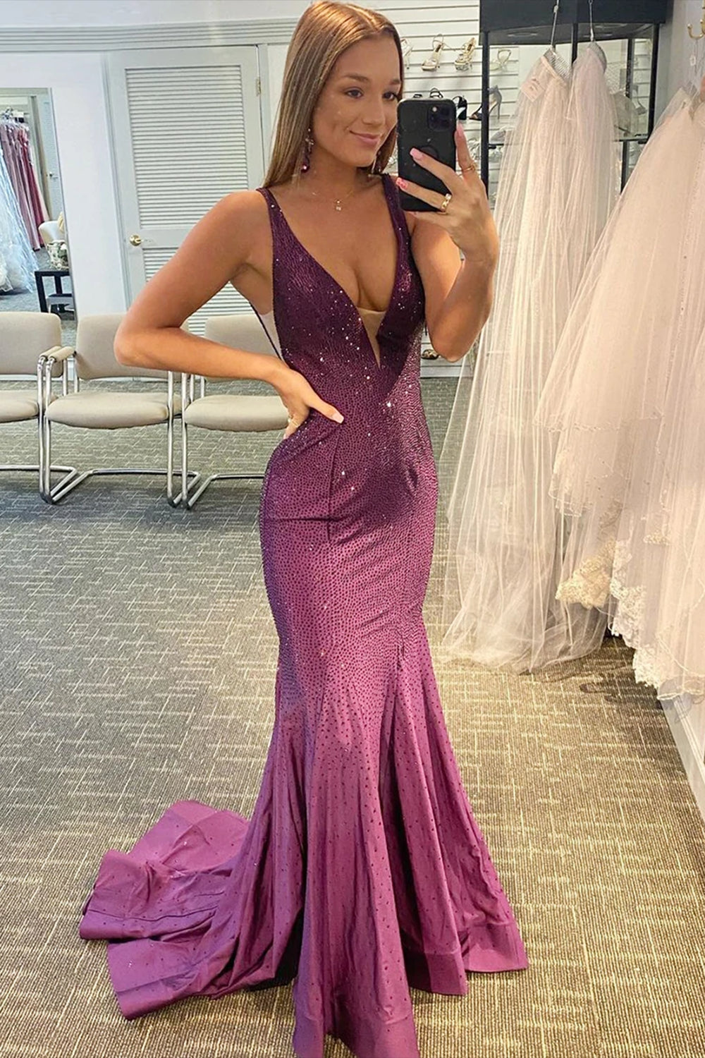 Pink Long Prom Dress with Beading in a Mermaid Deep V Neck