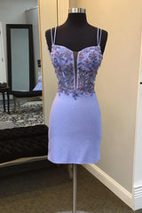 Sparkly Purple Beaded Spaghetti Straps Corset Tight Short Homecoming Dress/Mini Dress