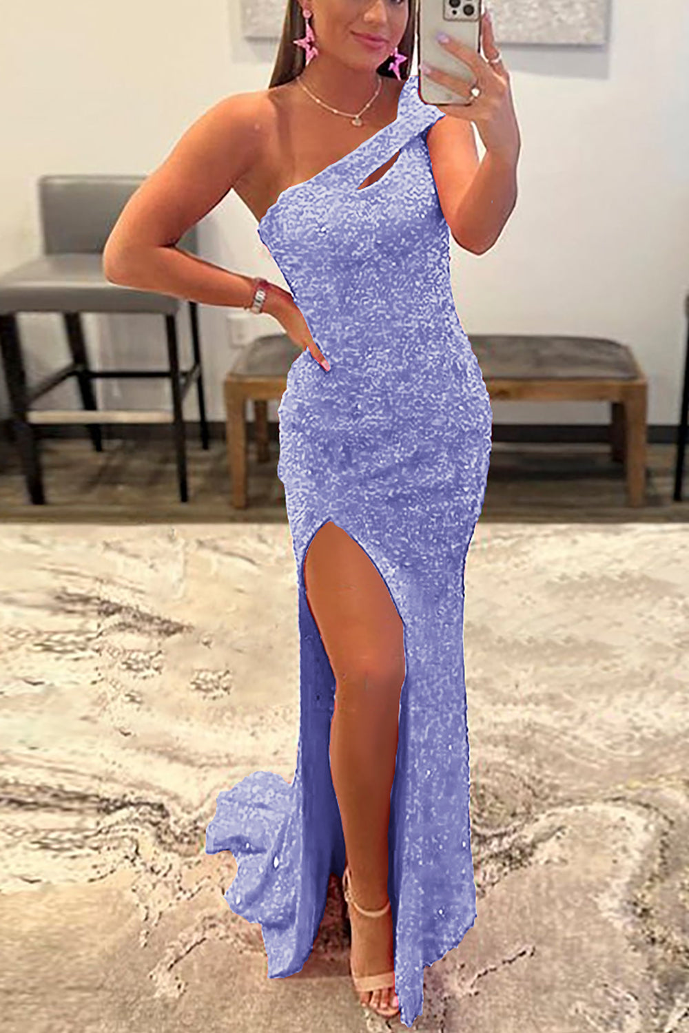 One Shoulder Fuchsia Prom Dress with Sequins