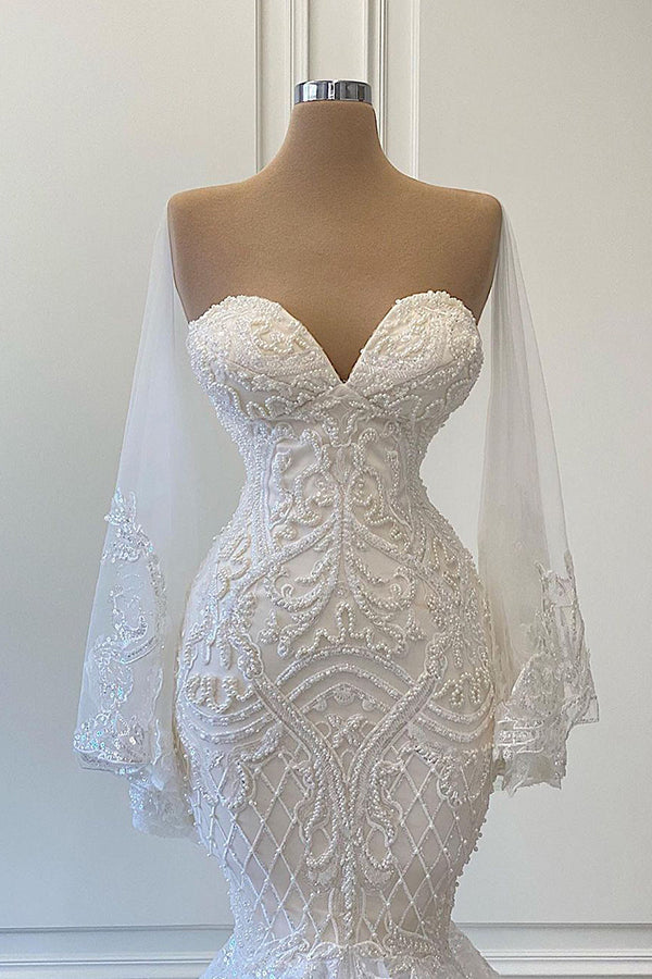 Elegant Sweetheart Long Sleeves Mermaid Tulle Lace Wedding Dresses with Train