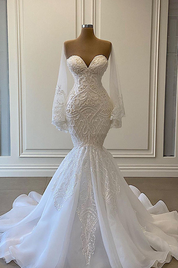 Elegant Sweetheart Long Sleeves Mermaid Tulle Lace Wedding Dresses with Train