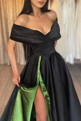 Long Black Green Prom Dress with Off-the-Shoulder Neckline and Front Split