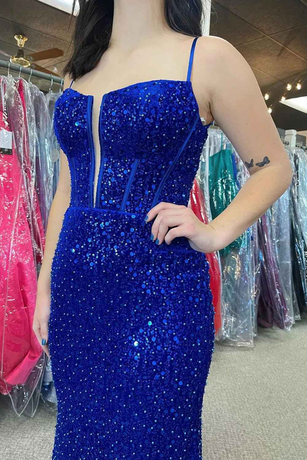 Long Red Corset Prom Dress with Spaghetti Straps Sequins and Mermaid Slit