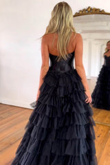Elegant Black A-Line Prom Corset Dress Featuring Sweetheart Neckline and Ruffled Slit