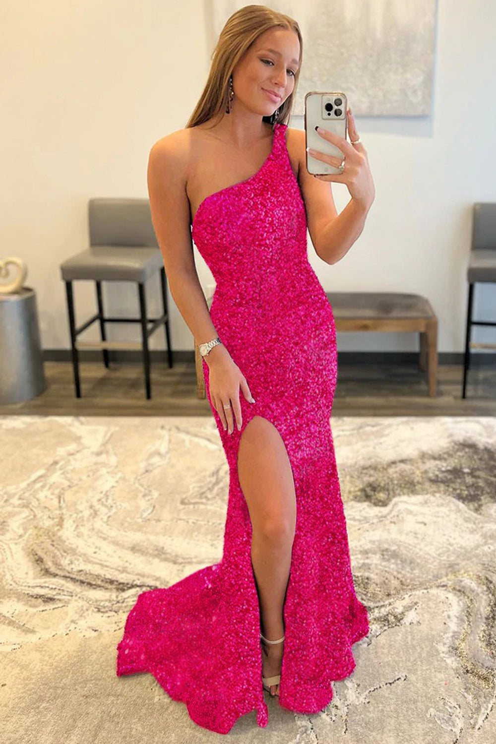 Red Sequined One-Shoulder Prom Dress with High Slit