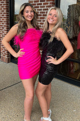 Royal Blue Satin Tight Short Homecoming Dress/Mini Dress with Feathers