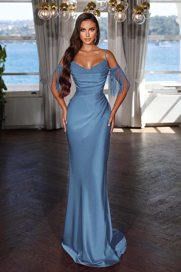 Luxury Hot Pink Spaghetti Strap Mermaid Long Evening Dress With Chic Tassels and Sequins