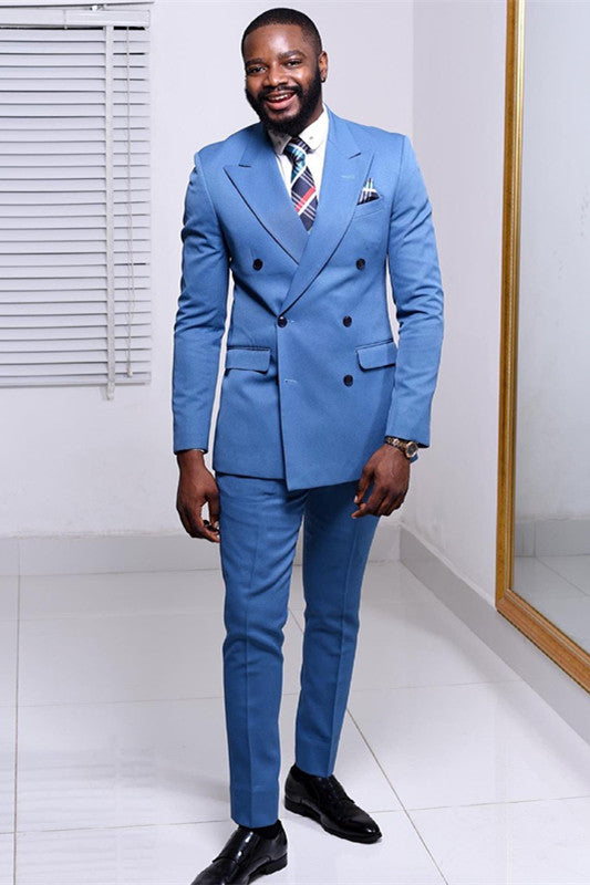 Stylish Blue Western Suits for Wedding with Peaked Lapel and Double-Breasted