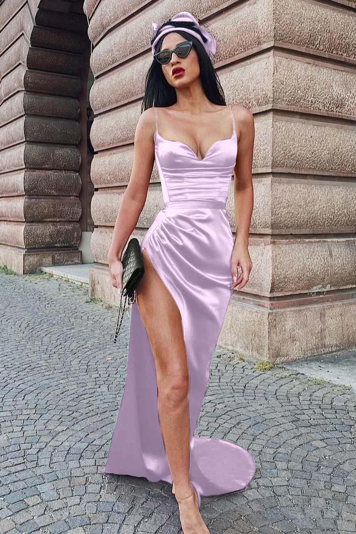 Spaghetti-Straps Burgundy Long Evening Dress With Split