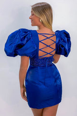 Sparkly Red Sequins Lace-Up Puff Sleeves Tight Short Homecoming Dress/Mini Dress